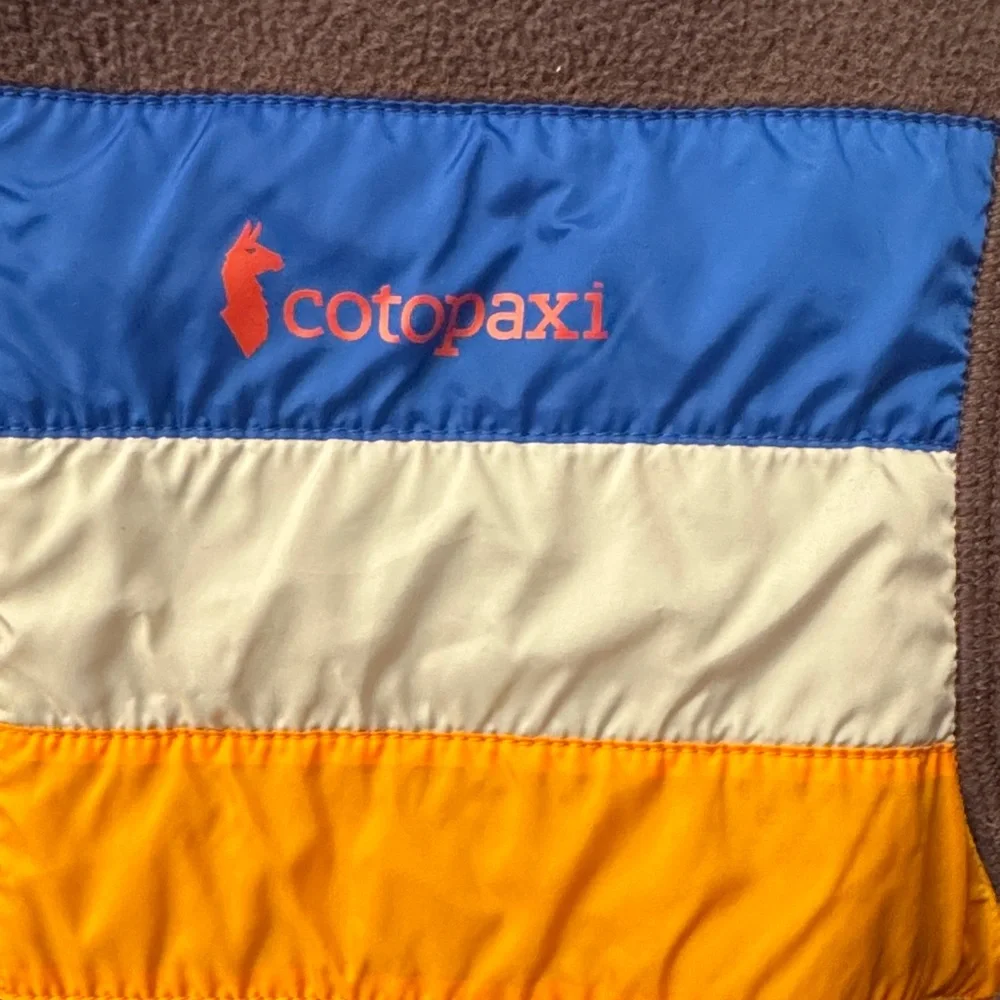 Cotopaxi Multicolor Ski Jacket with Blue, Orange, and Gray Stripes - Picture 2 of 6
